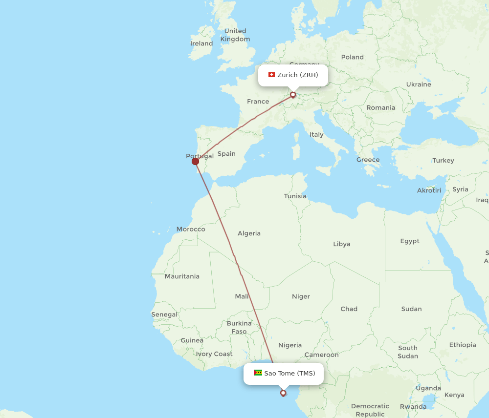Zurich - Sao Tome Island route map and flight paths