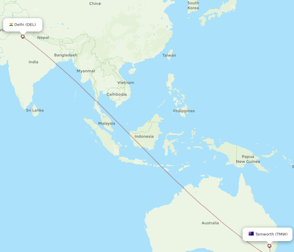 TMW-DEL flight routes