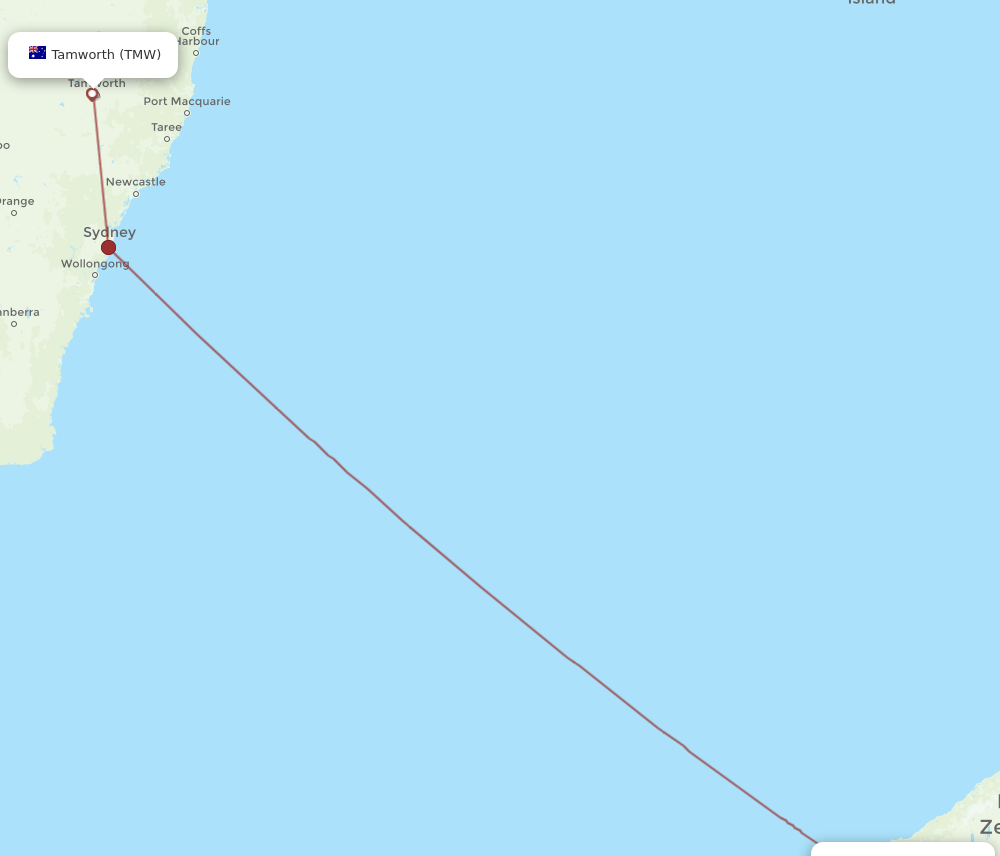 Queenstown - Tamworth route map and flight paths