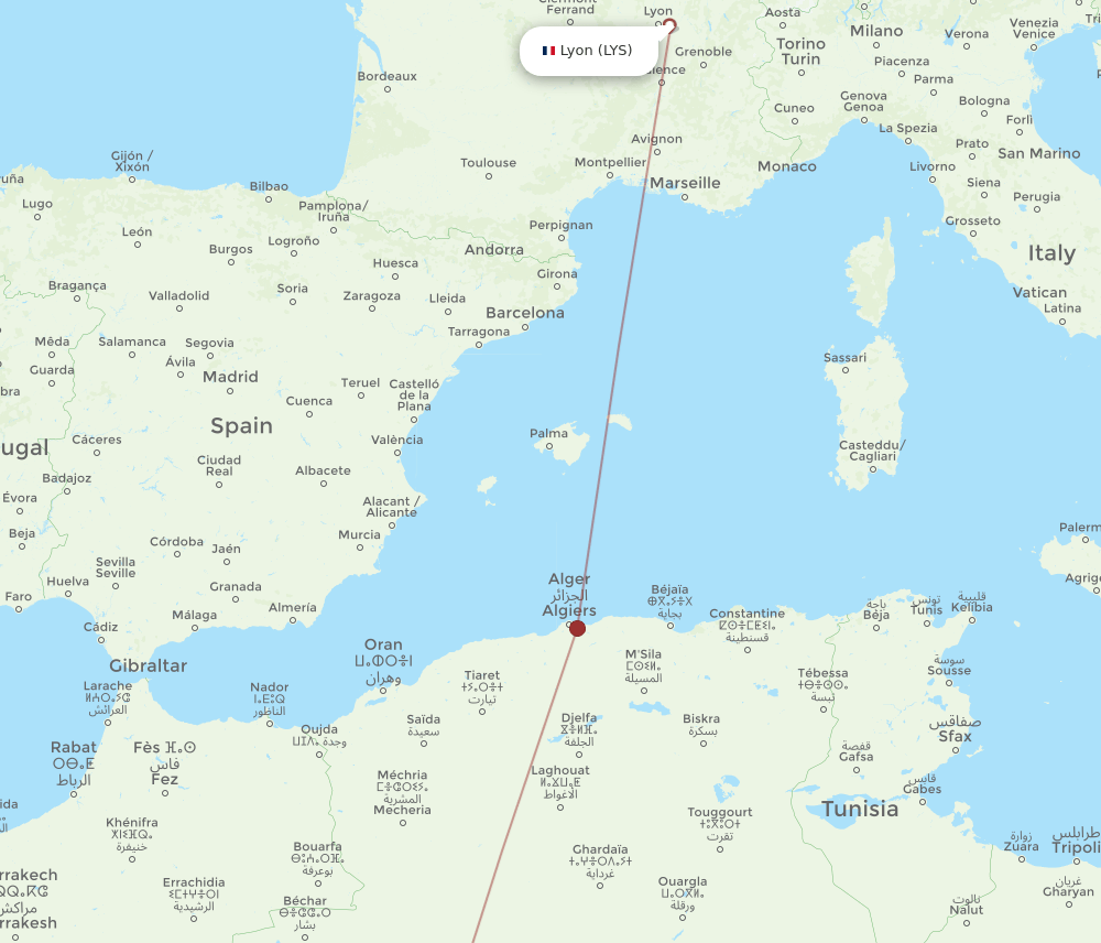 Lyon - Timimoun route map and flight paths