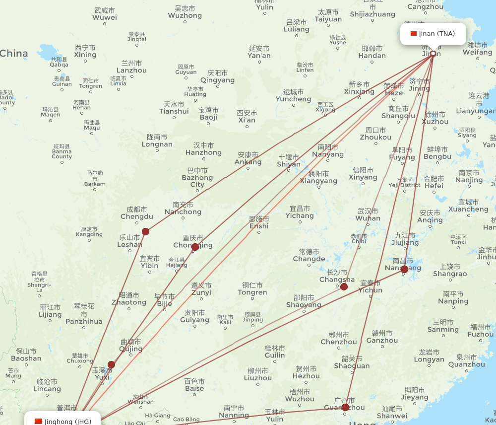 TNA to JHG flights and routes map