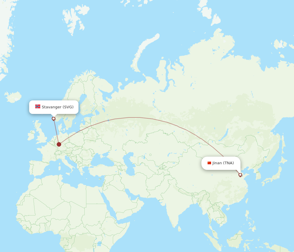 Jinan - Stavanger route map and flight paths