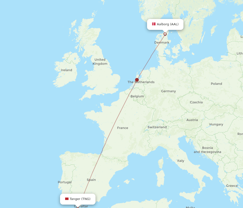 Aalborg - Tangier route map and flight paths