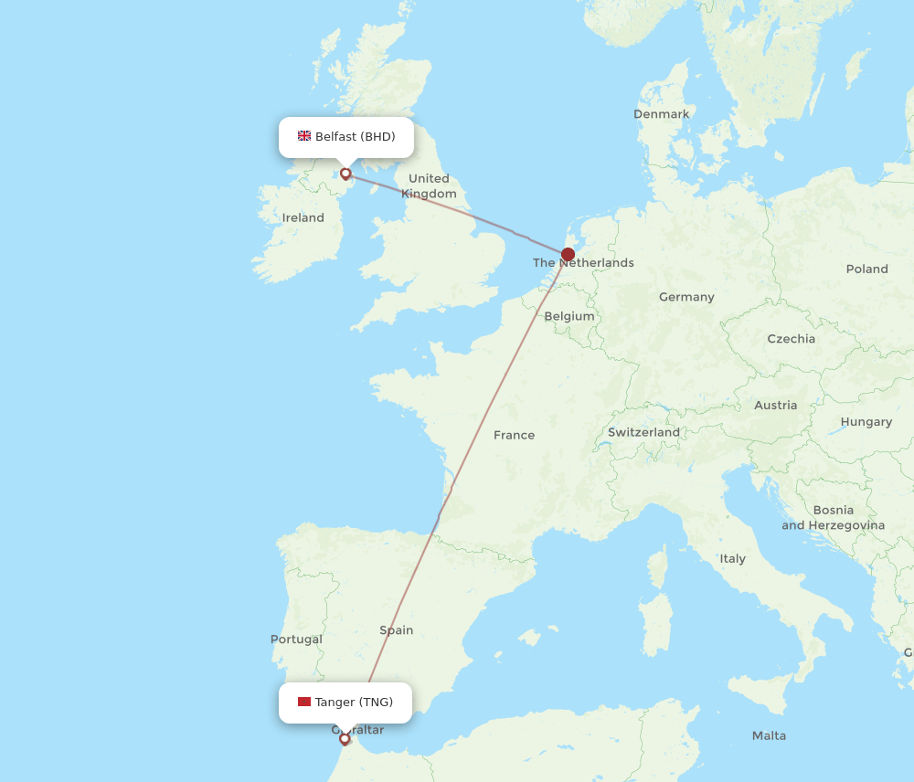 Belfast - Tangier route map and flight paths