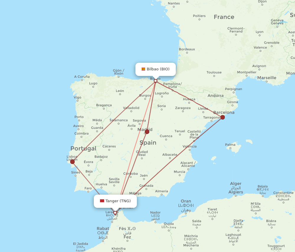 TNG to BIO flights and routes map