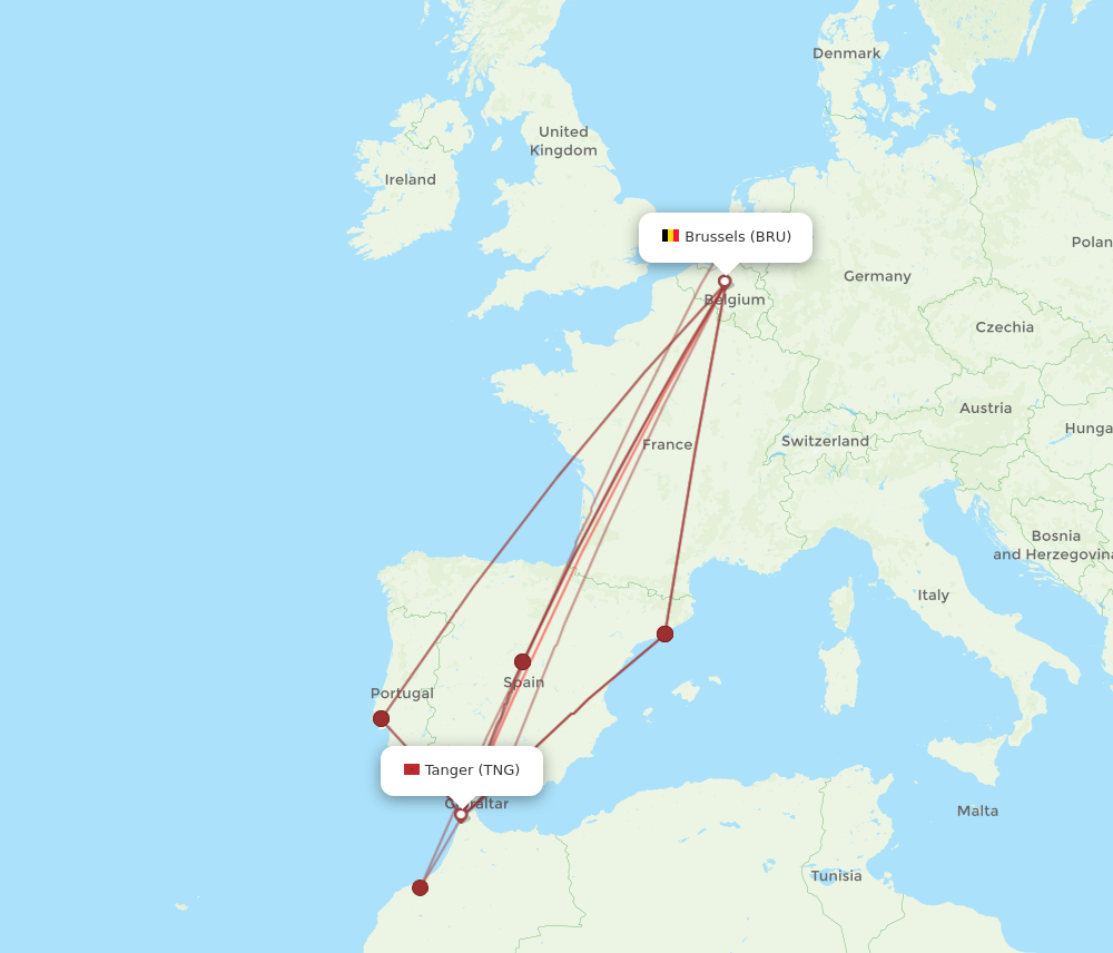 TNG to BRU flights and routes map