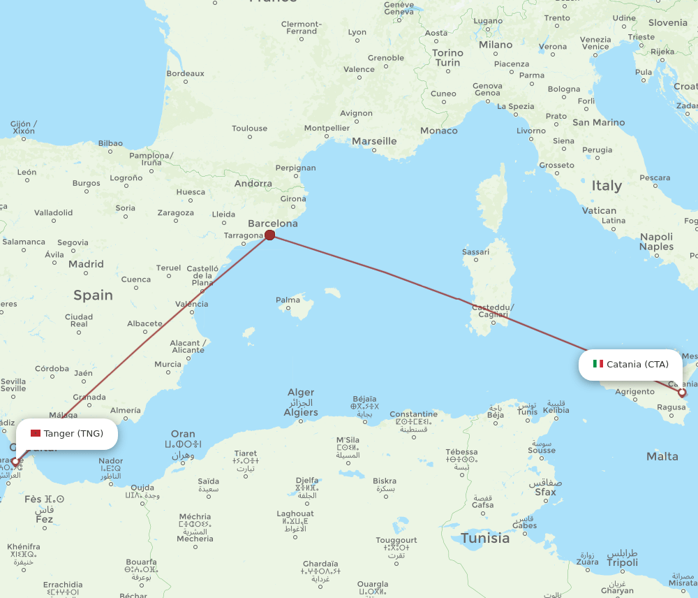 Catania - Tangier route map and flight paths