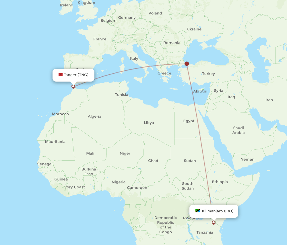 Kilimanjaro - Tangier route map and flight paths