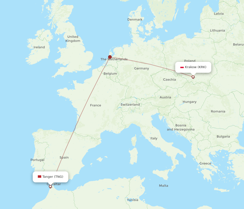 Krakow - Tangier route map and flight paths