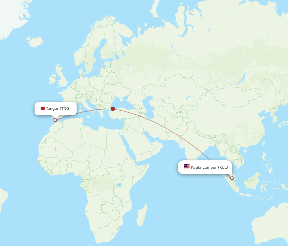 Kuala Lumpur - Tangier route map and flight paths