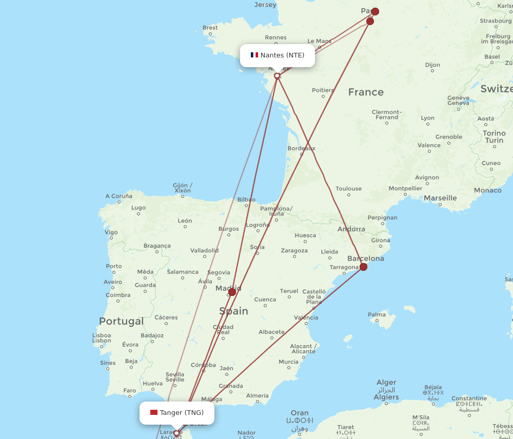 TNG to NTE flights and routes map