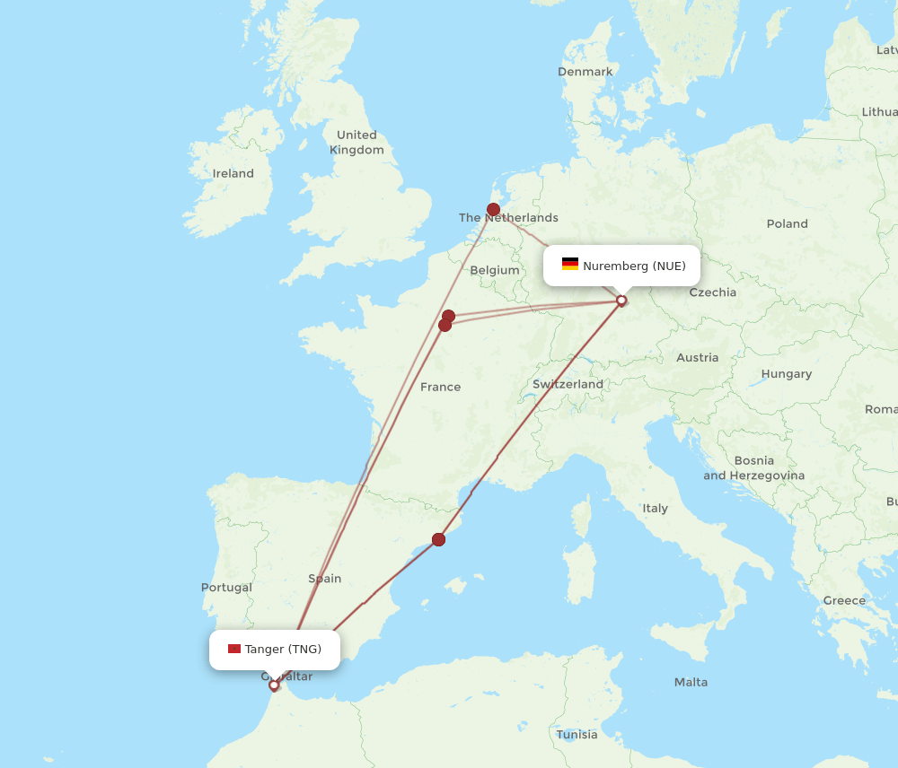 TNG to NUE flights and routes map
