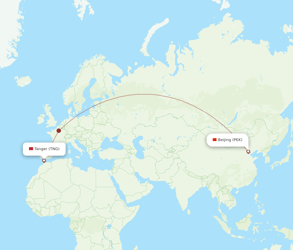 Beijing - Tangier route map and flight paths