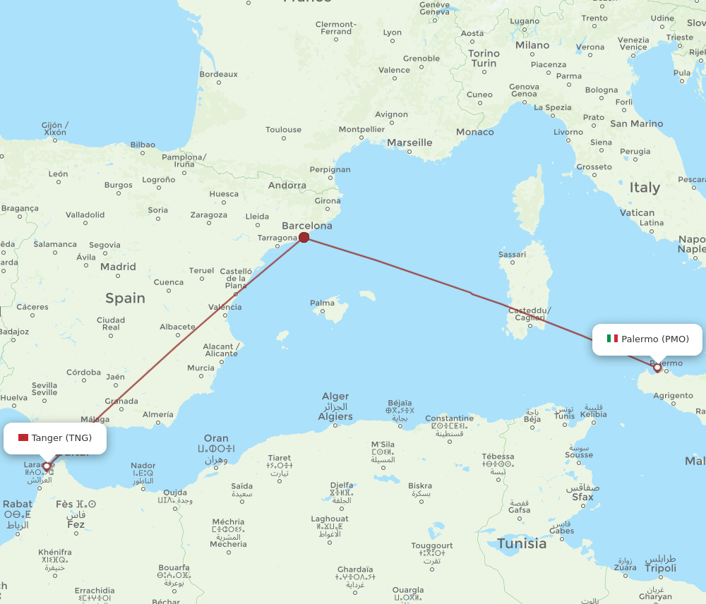 Palermo - Tangier route map and flight paths