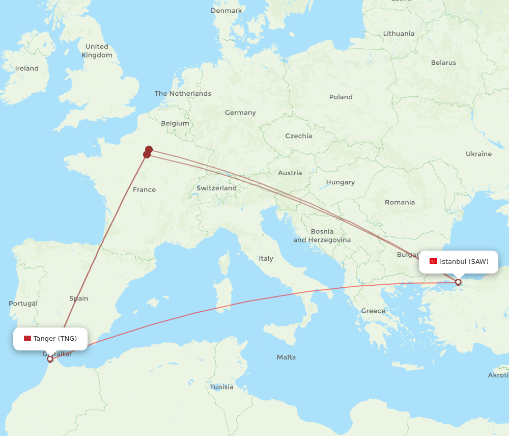 Tangier - Istanbul route map and flight paths