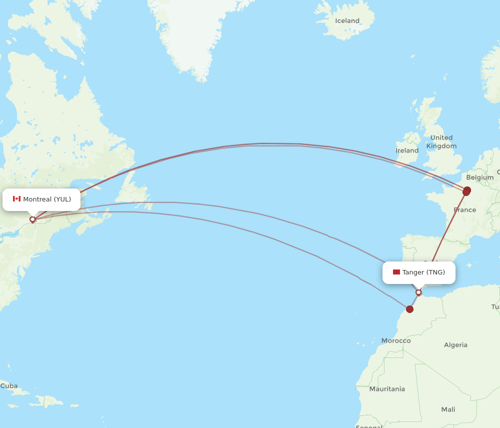 Montreal - Tangier route map and flight paths