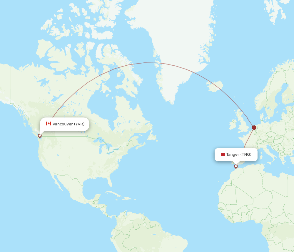 Vancouver - Tangier route map and flight paths