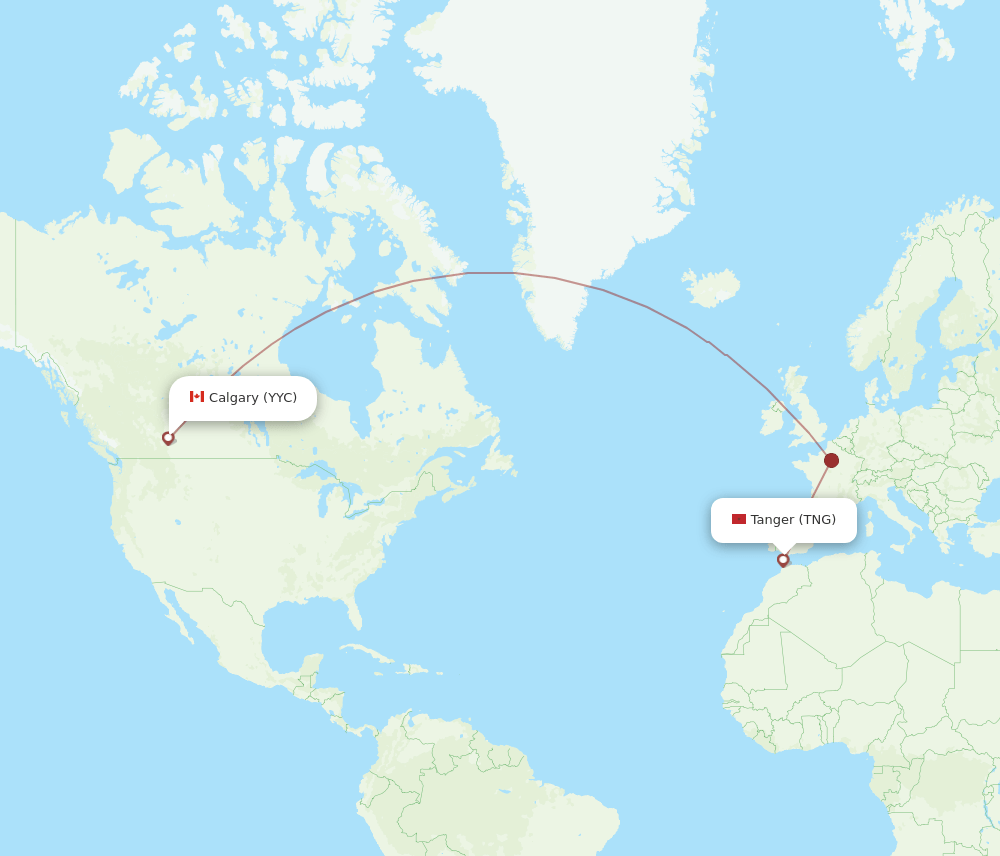 Calgary - Tangier route map and flight paths