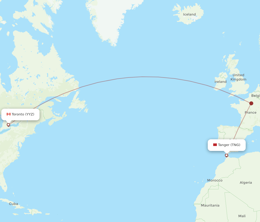 Toronto - Tangier route map and flight paths