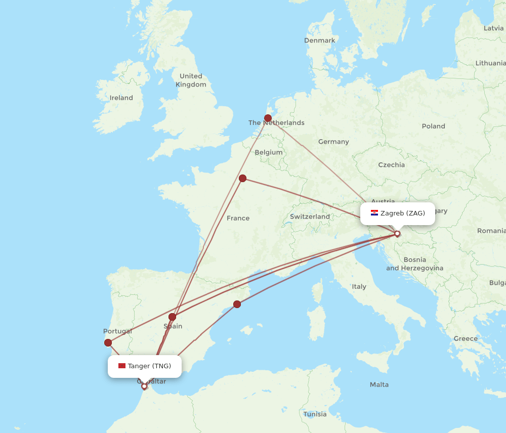 Zagreb - Tangier route map and flight paths