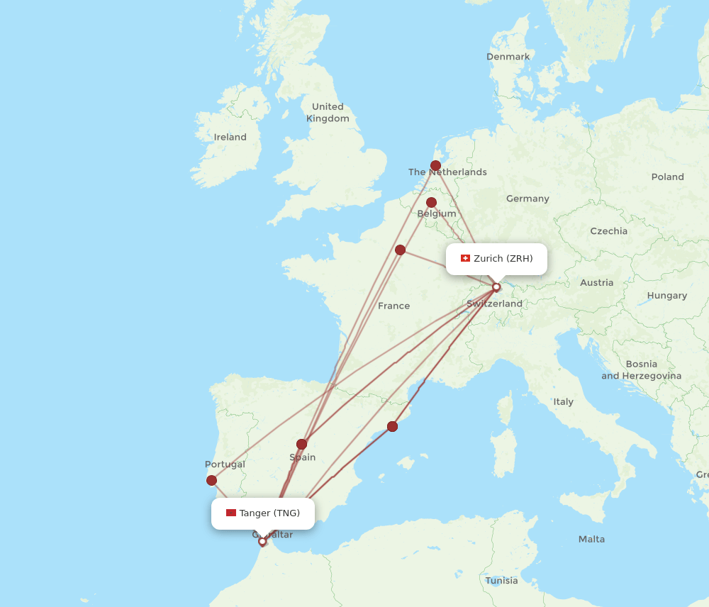 Zurich - Tangier route map and flight paths