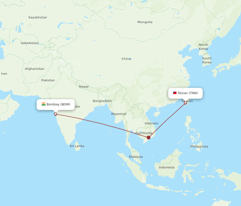 Tainan - Mumbai route map and flight paths