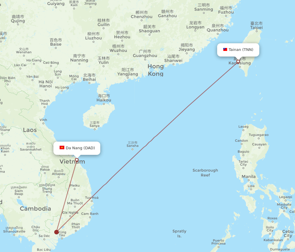 Tainan - Da Nang route map and flight paths