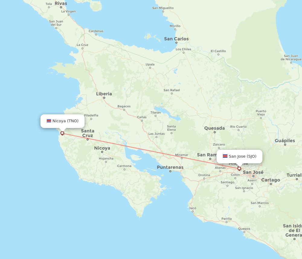 Tamarindo - San Jose route map and flight paths