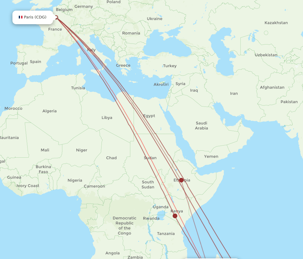 TNR-CDG flight routes