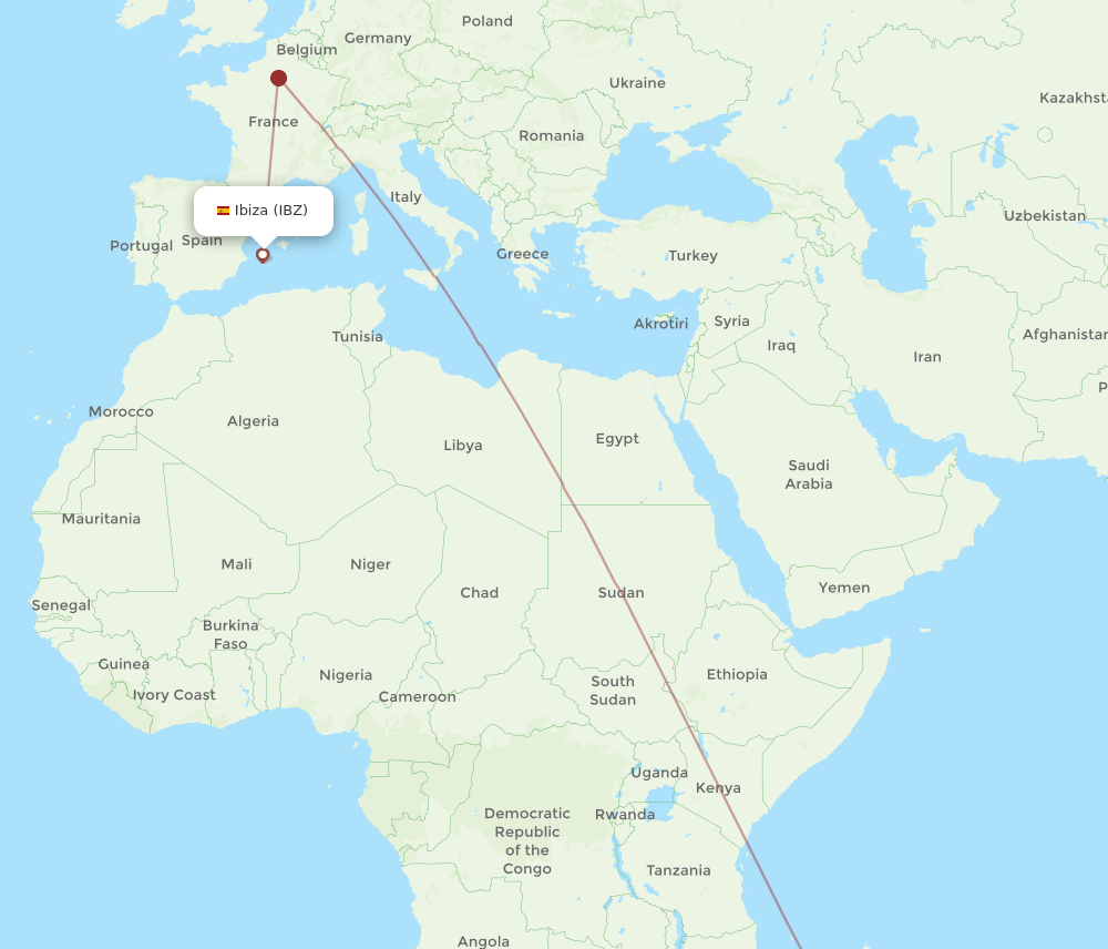 Ibiza - Antananarivo route map and flight paths