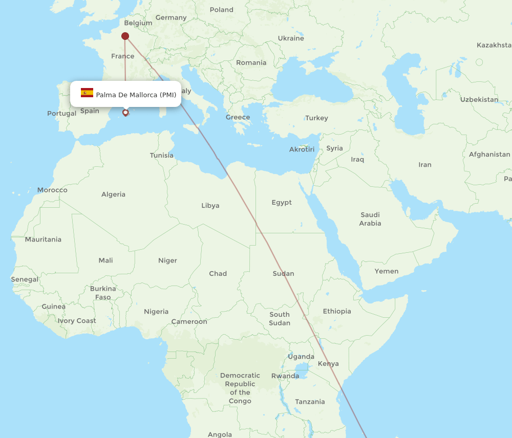 Palma de Mallorca - Antananarivo route map and flight paths