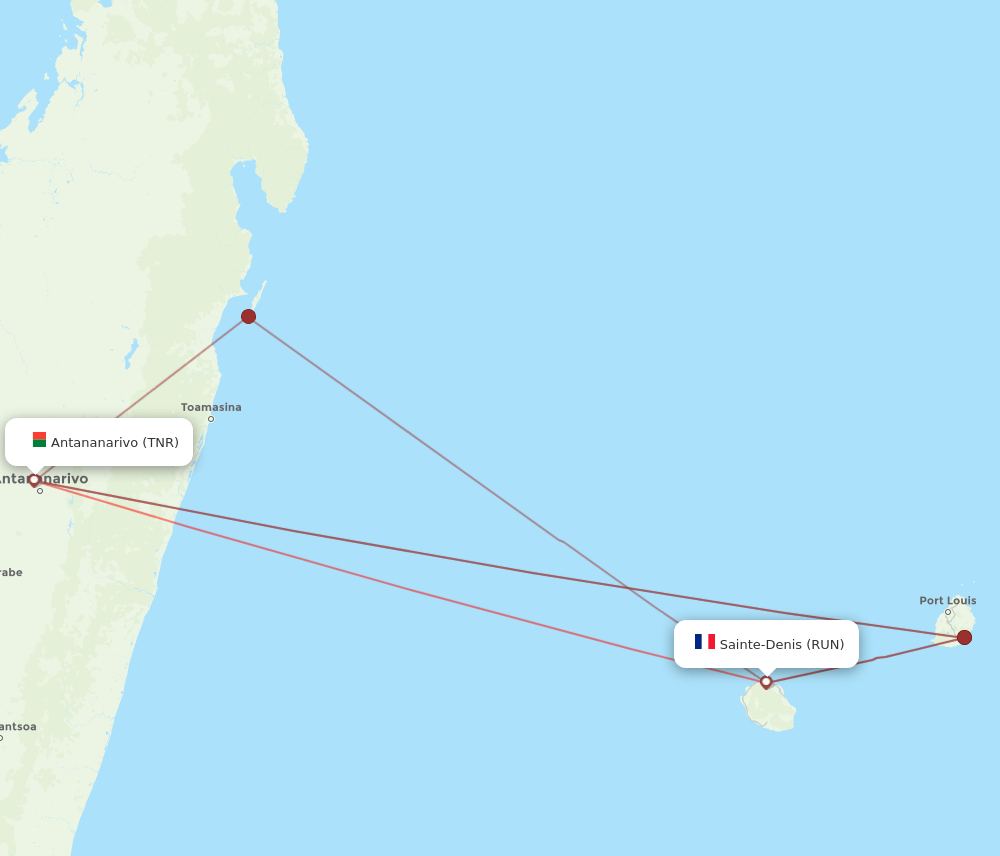 TNR to RUN flights and routes map