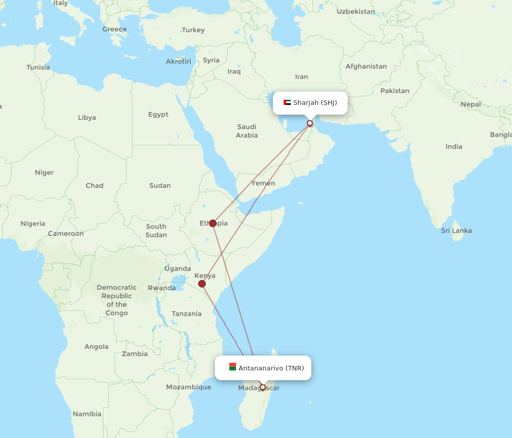 Sharjah - Antananarivo route map and flight paths