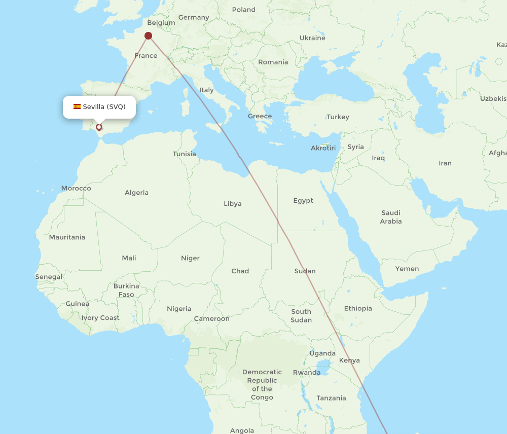 Sevilla - Antananarivo route map and flight paths