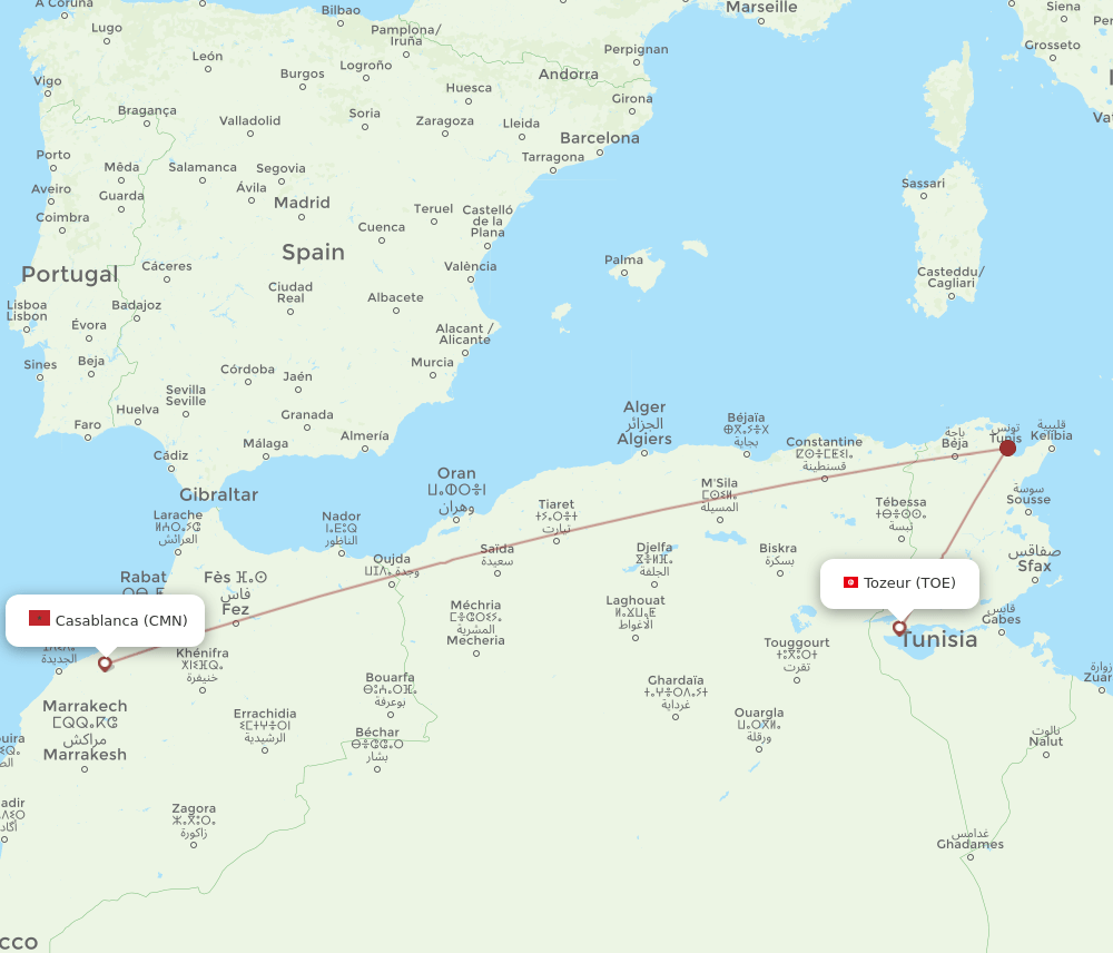 TOE to CMN flights and routes map