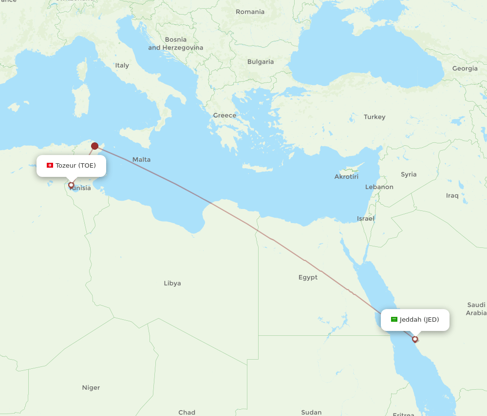TOE to JED flights and routes map