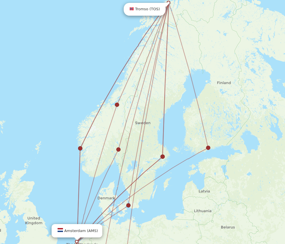 TOS-AMS flight routes
