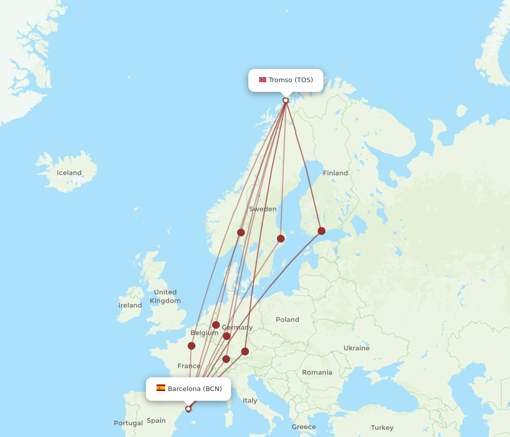 TOS to BCN flights and routes map