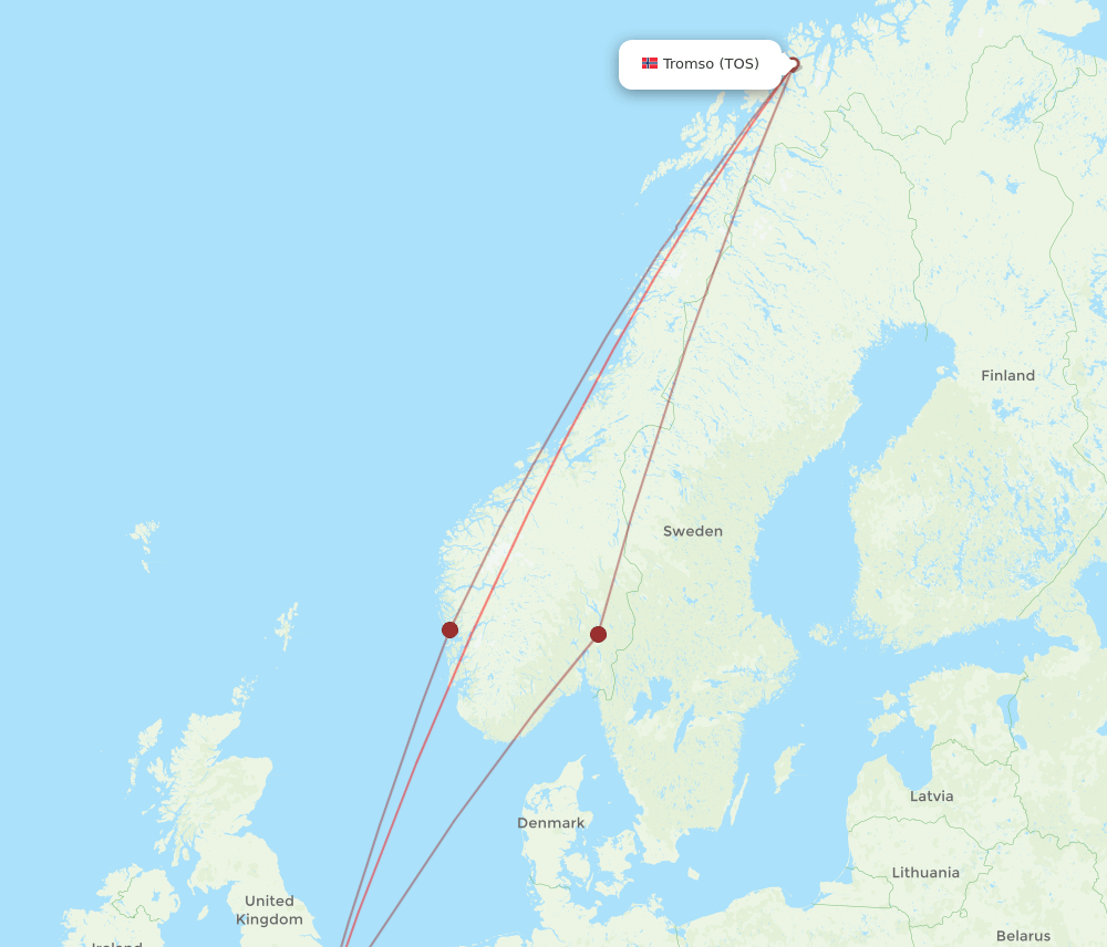 TOS to LGW flights and routes map