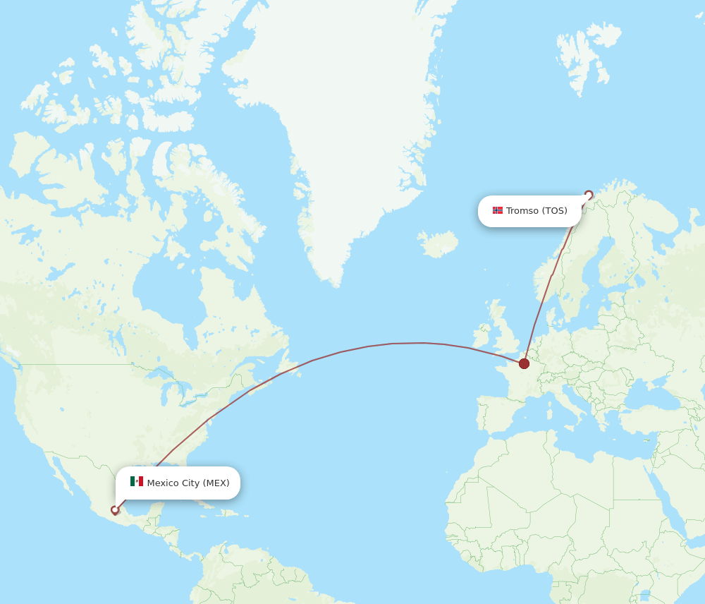 Mexico City - Tromso route map and flight paths
