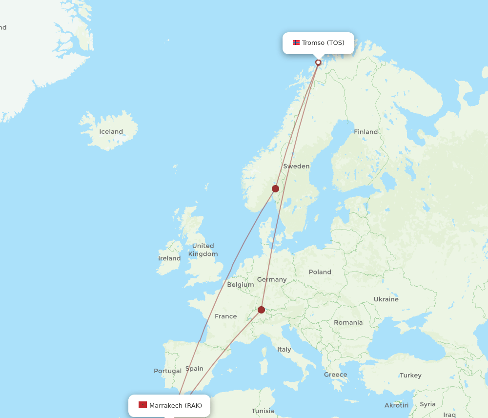 Marrakech - Tromso route map and flight paths