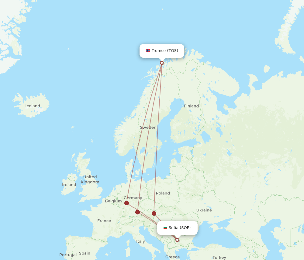 TOS to SOF flights and routes map