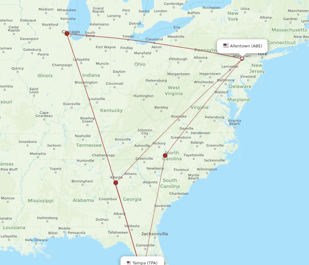 TPA to ABE flights and routes map