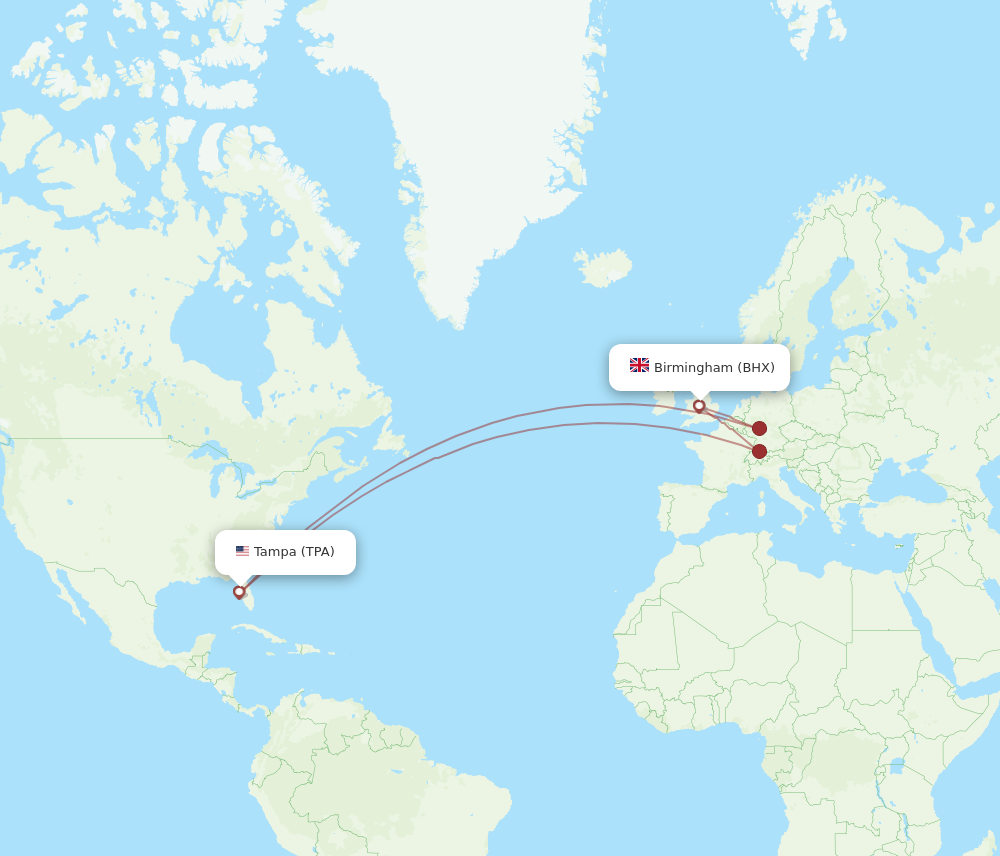 TPA to BHX flights and routes map