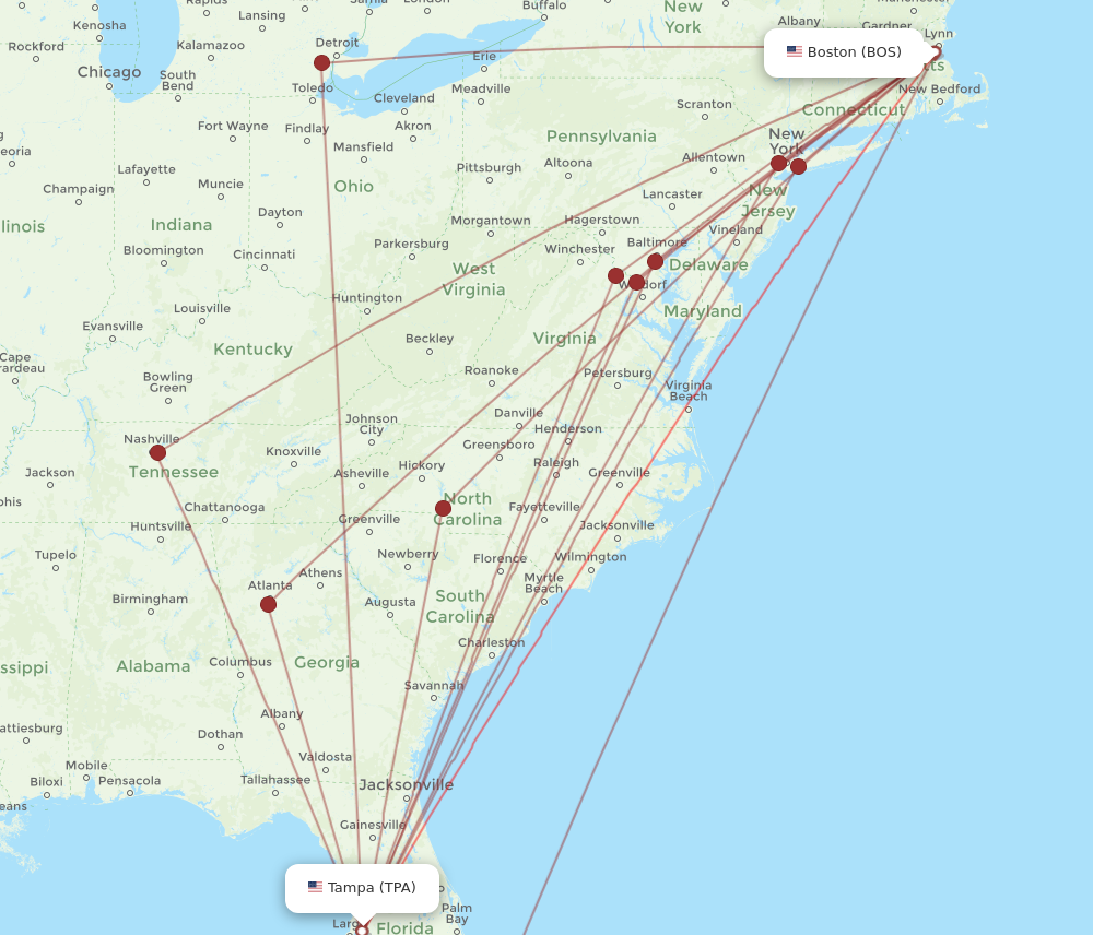 TPA to BOS flights and routes map
