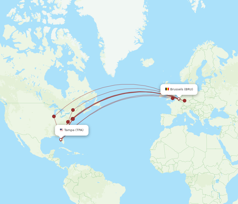 TPA to BRU flights and routes map