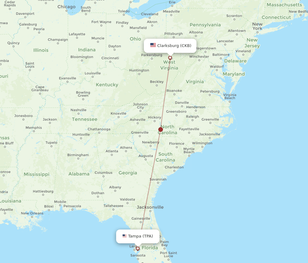 TPA to CKB flights and routes map
