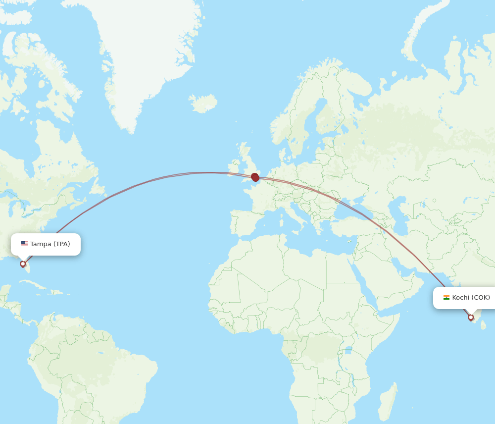 Tampa - Kochi route map and flight paths