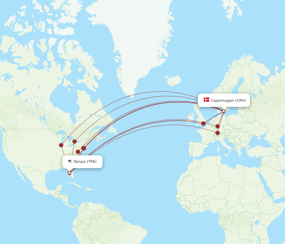 TPA to CPH flights and routes map