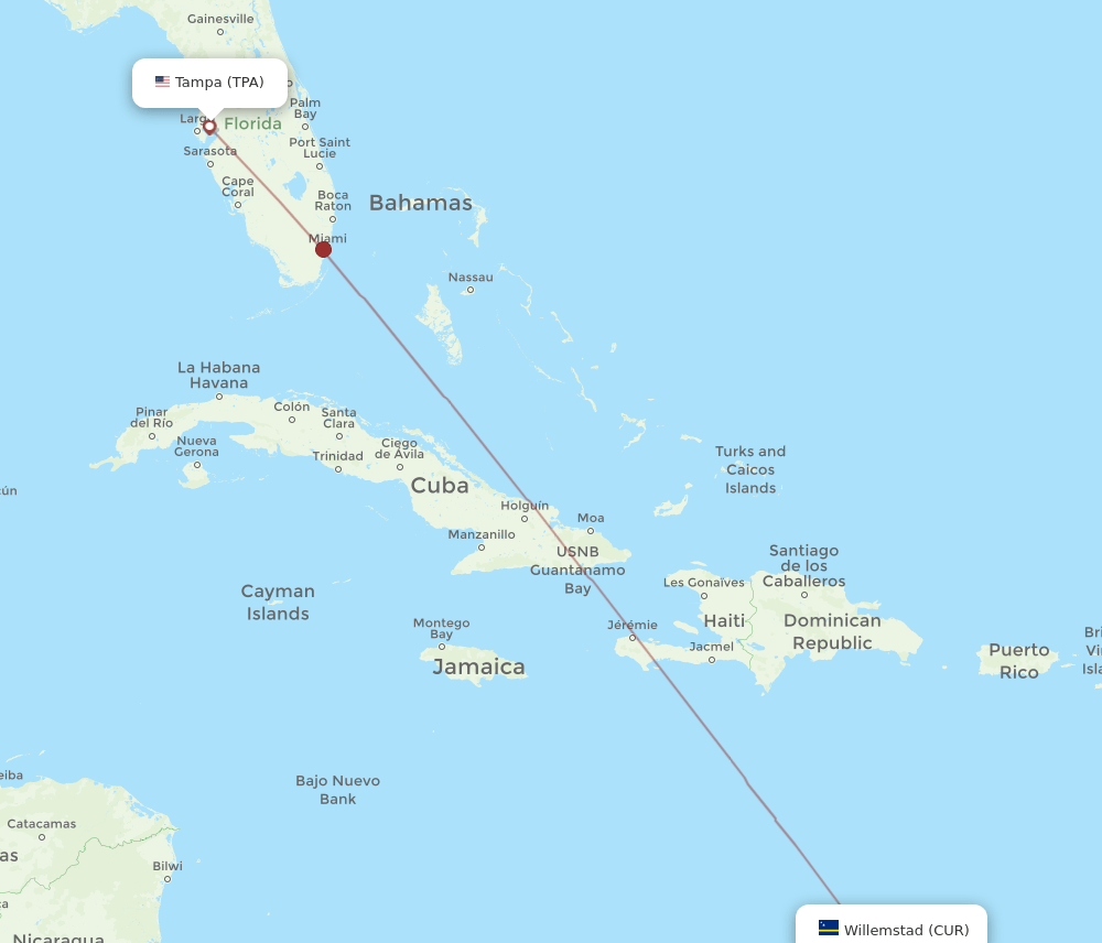 TPA to CUR flights and routes map